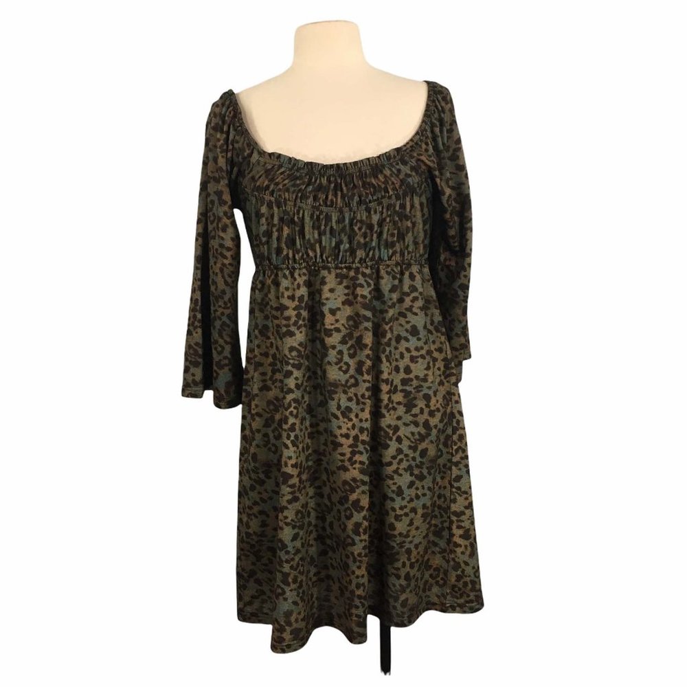 Uncle Frank Brown Blue Olive Leopard Print Boho Peasant Dress, Off Shoulder, S